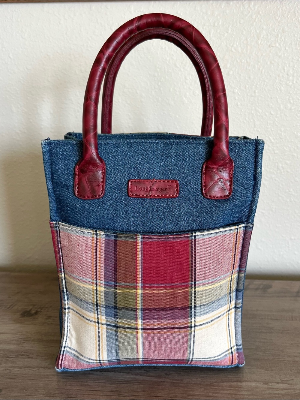 VTG Longaberger Homestead Small Plaid Denim Tote Bag Mini Burgundy Fall 90s